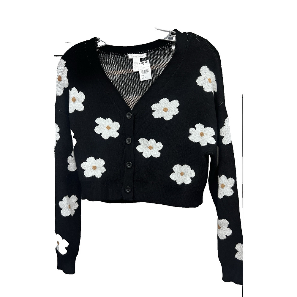 Full Tilt Tillys Floral Womens Button Up Black Crop Cardigan Sweater Small New